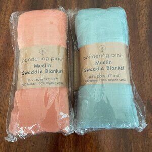 Pondering Pine Muslin Swaddle Blankets Set of 2 Blue Orange 47" x 47" Bamboo!